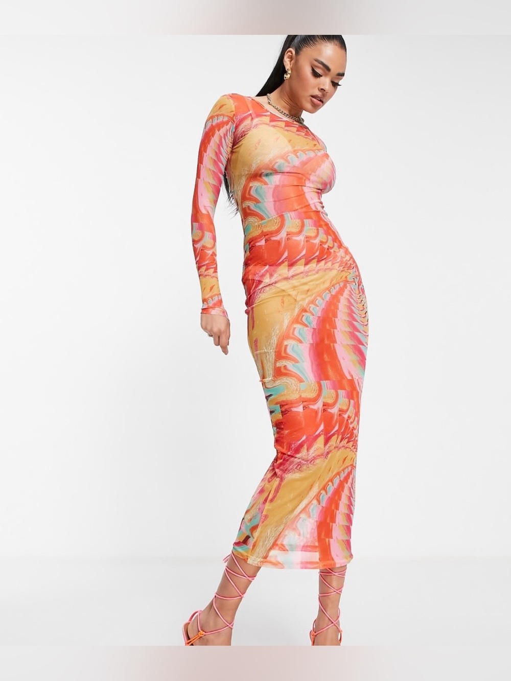 NWOT SIMMI London Long Sleeve Sheer Maxi Dress in Abstract Rainbow Print Size 4